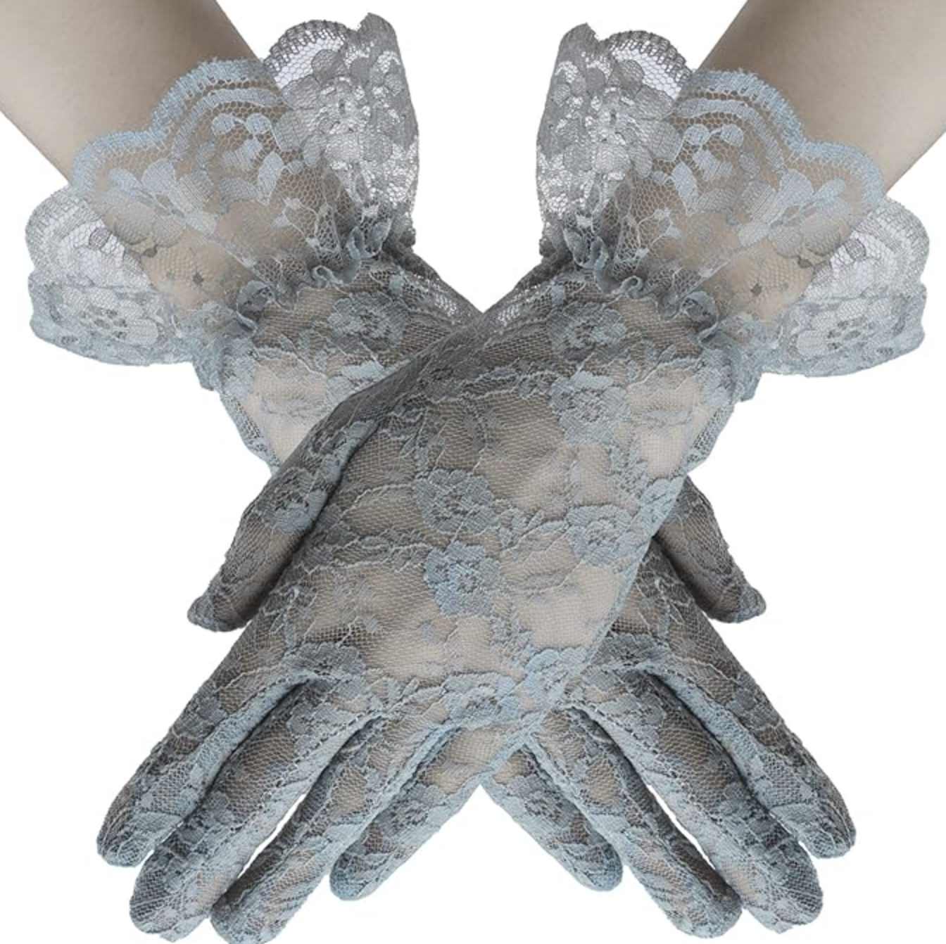 gray grey lace gloves with ruffle 